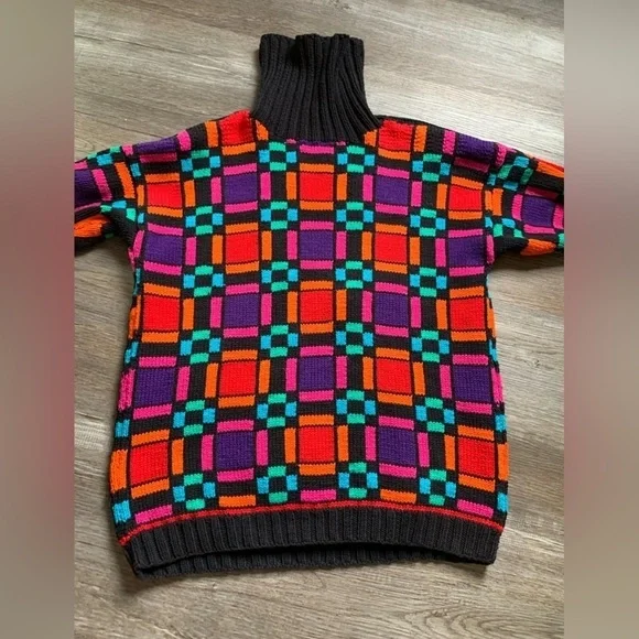 VTG ROBERTA FREYMANN Grandpa Sweater Turtleneck Funky Retro Multi Color Black S - Picture 3 of 8